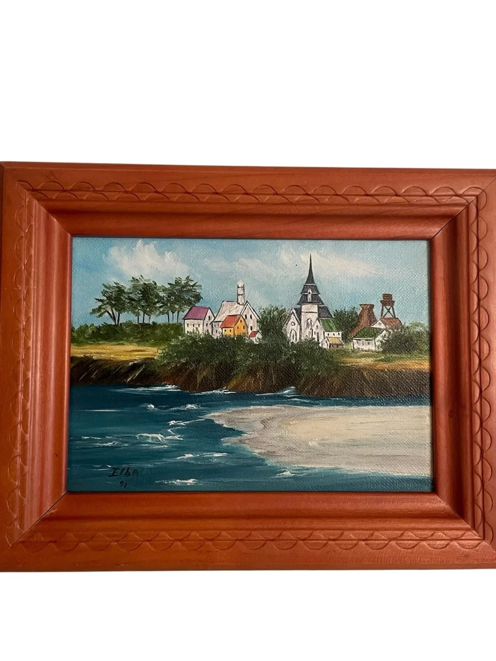 Vintage framed coastal scene original artwork painting